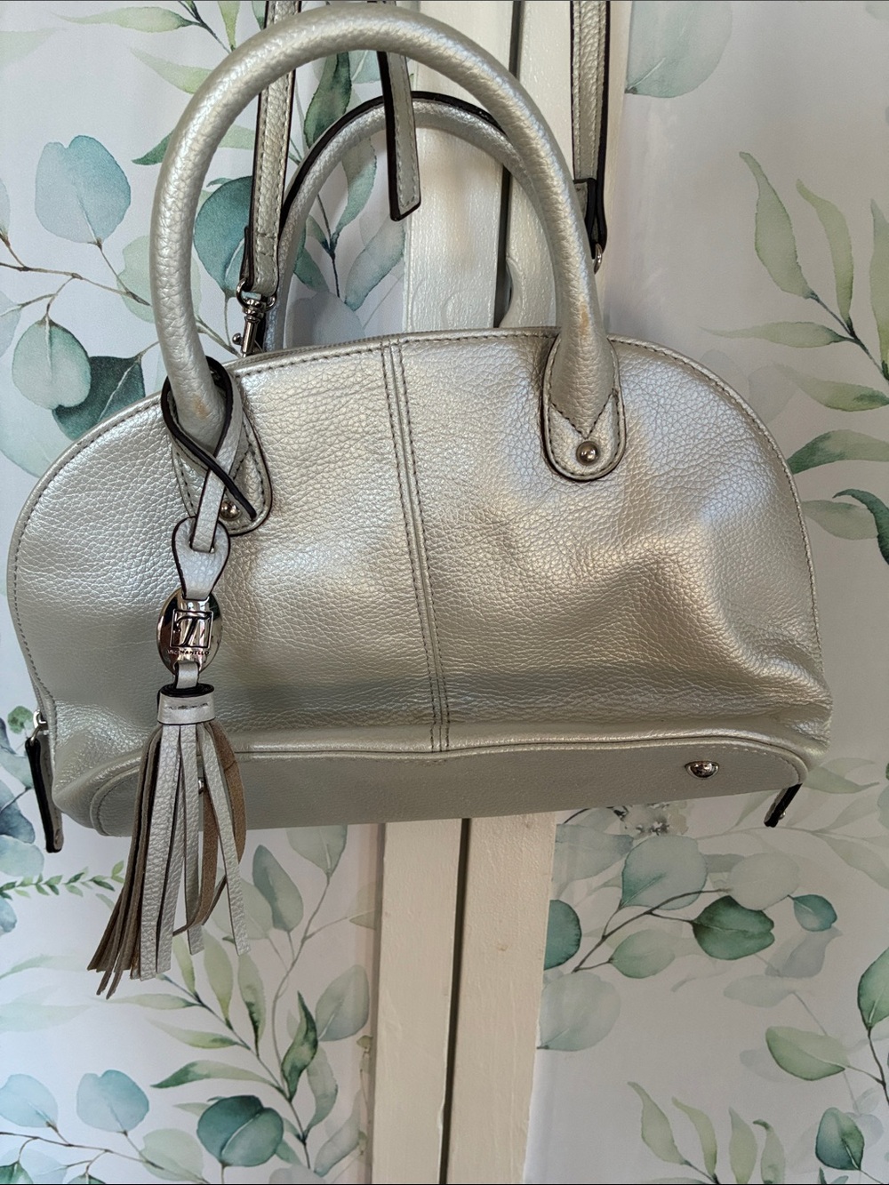 Tignanello Metallic Silver Dome Satchel with Tassel